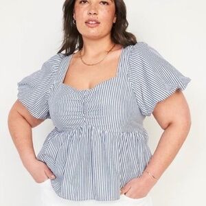 Striped Puff-Sleeve Ruched Smocked Babydoll Swing Blouse